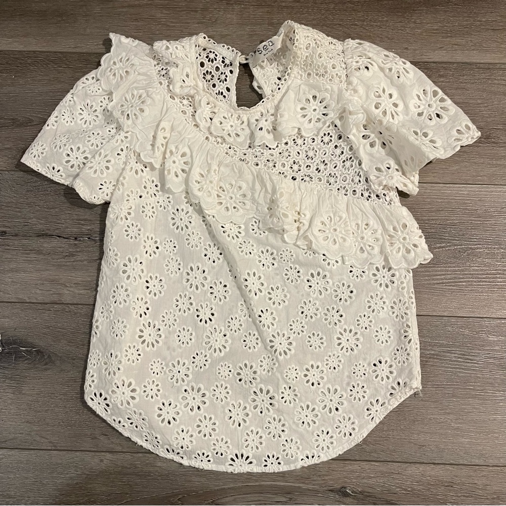 SEA NY New York White Eyelet Short Sleeve Ruffle Top Size 0